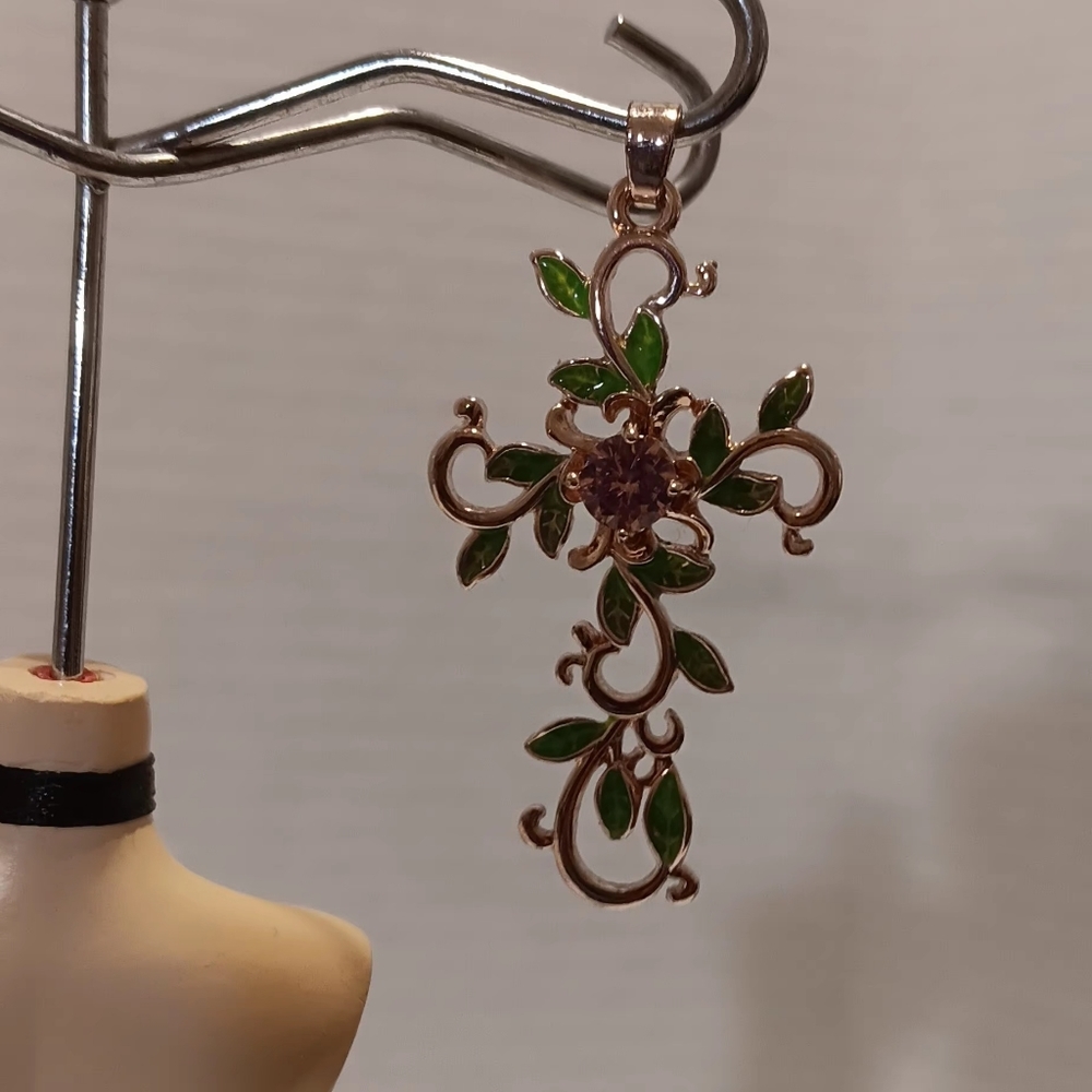 FLORAL CROSS PENDANT GOLD-TONE PINK JEWEL CENTER